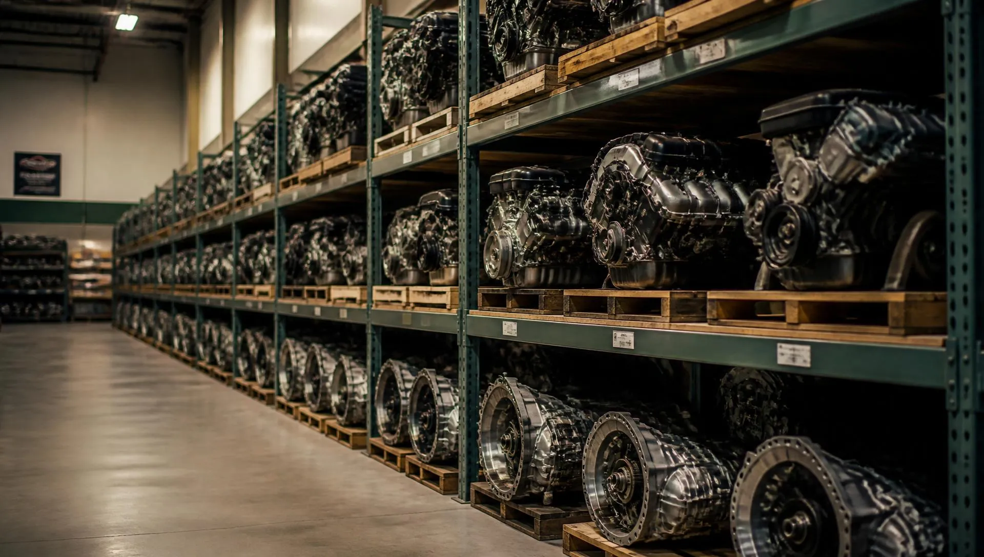 Warehouse of imported engines and gearboxes on industrial shelving